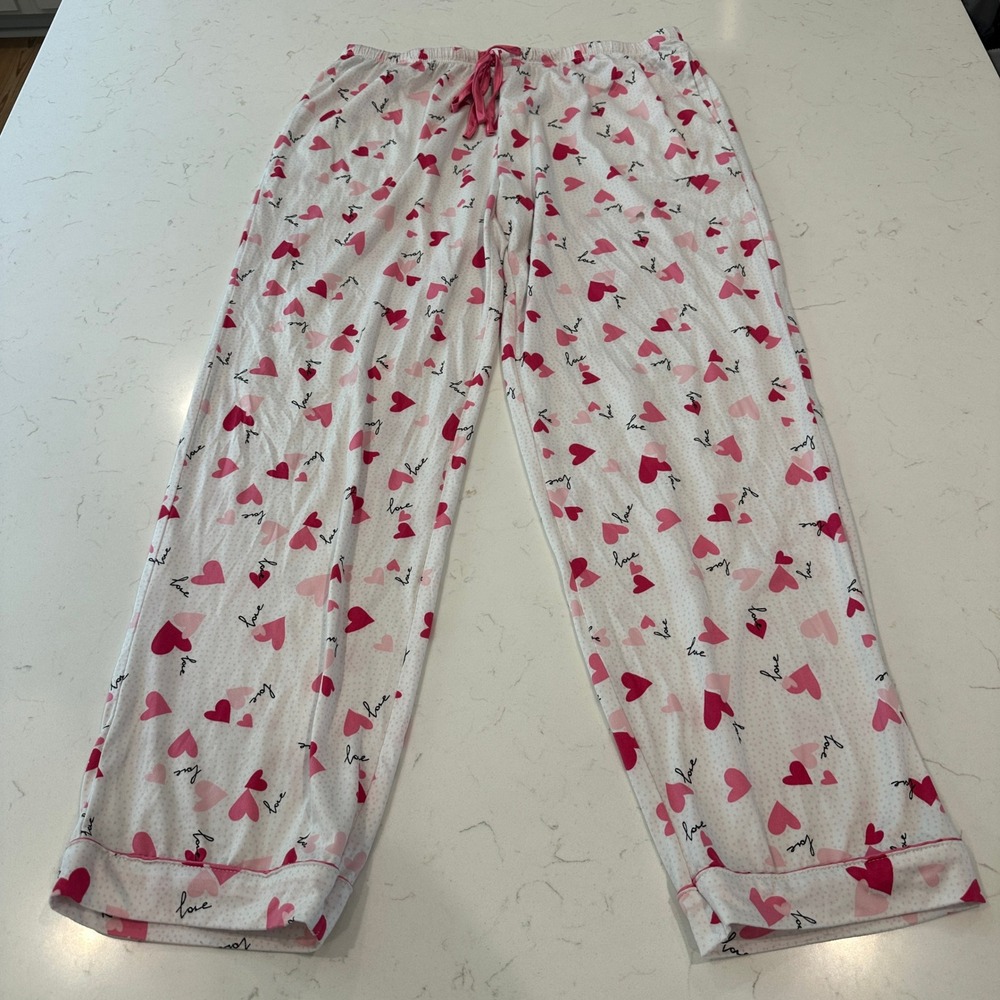 Flora Nikrooz Pink Heart Print Wide Leg Pajama Pants White Love Sleepwear L